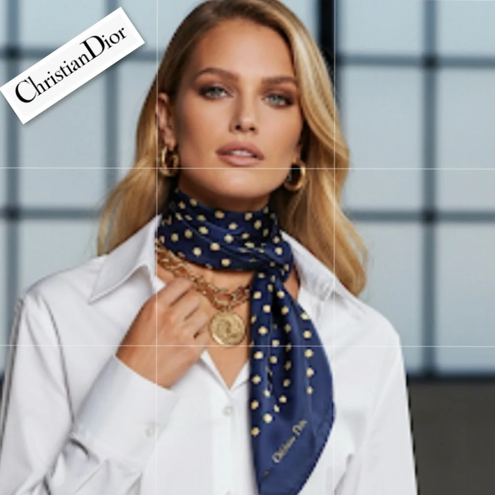 Authentic Christian Dior Silk Scarf - Navy Blue /Yellow Polka Dots Timeless